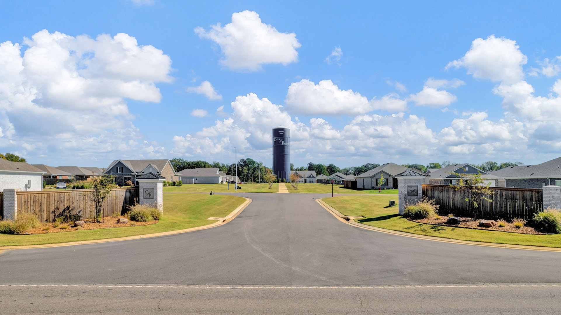 Full view of Cayce Pointe entrance with silo