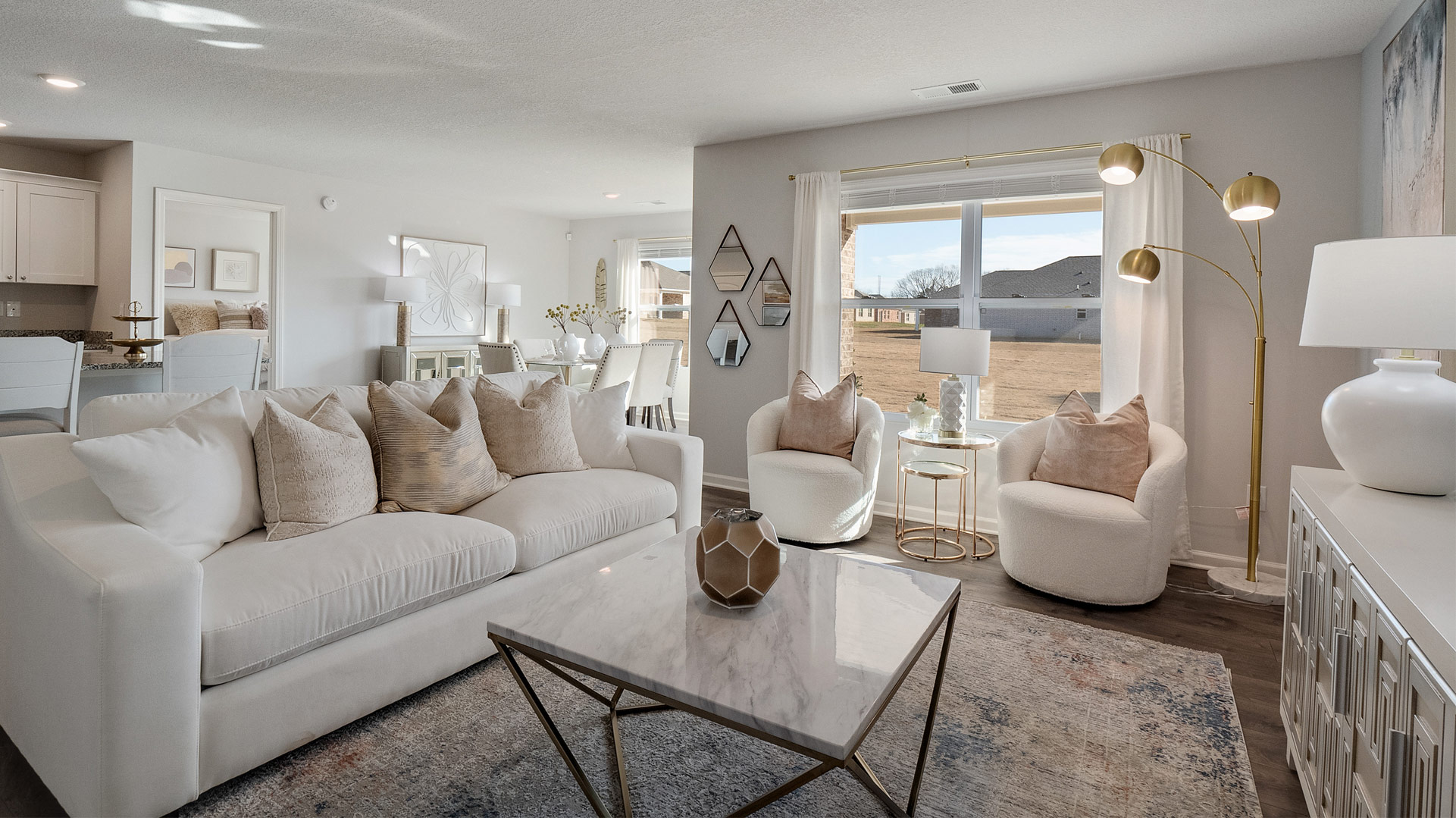 Living room overlooking the dining and kitchen area