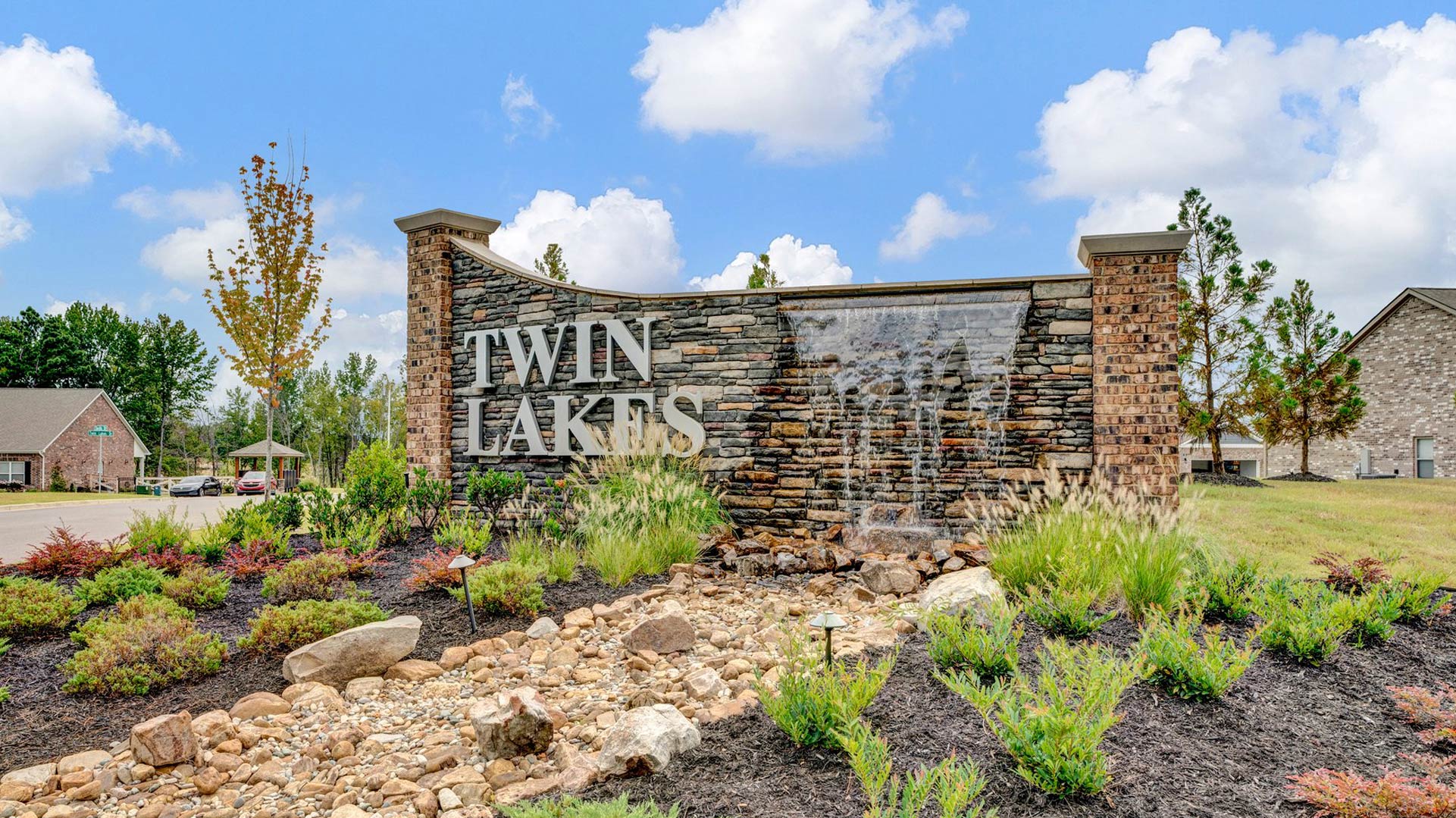 Waterfall entry monument of our Twin Lakes community