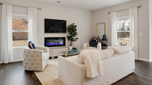 Living room area with vinyl flooring and multiple windows for natural light