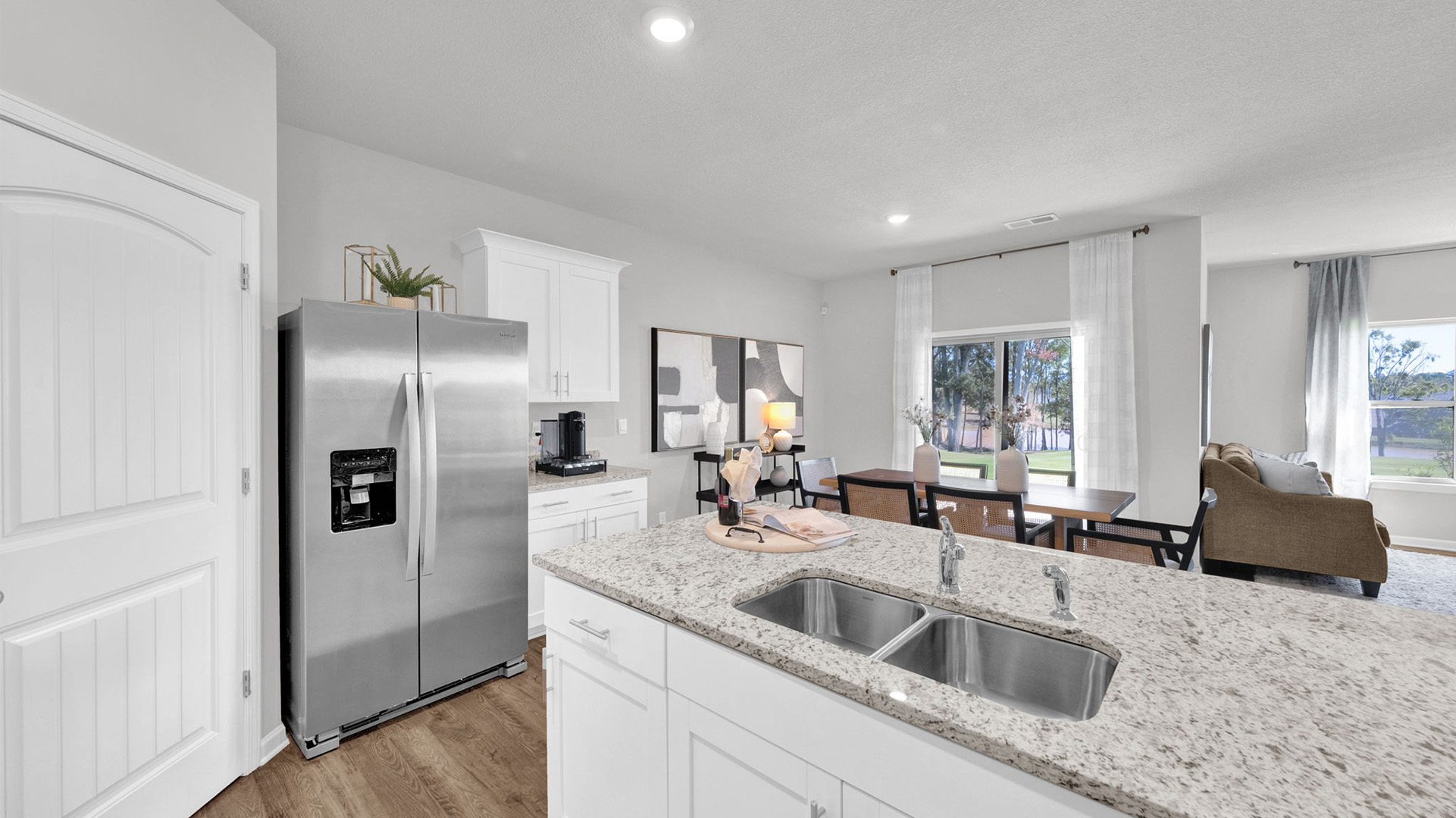 Spacious kitchen island overlooking the dining room