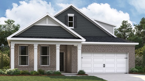 Exterior elevation of the Bristol floorplan, a single story home with a two car garage