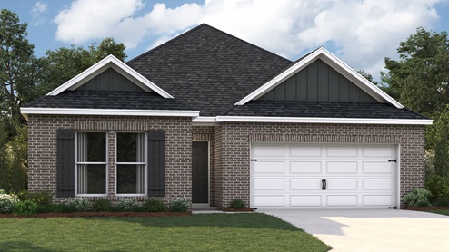 Exterior elevation of the Cameron Floorplan, a single story home with a two car garage