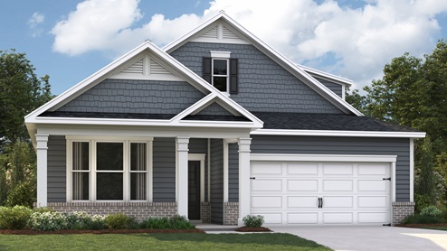 Exterior elevation of the CLifton floorplan, a single story home with a two car garage
