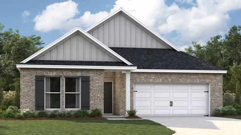 Exterior elevation of the Lacombe floorplan, a single story home with a two car garage