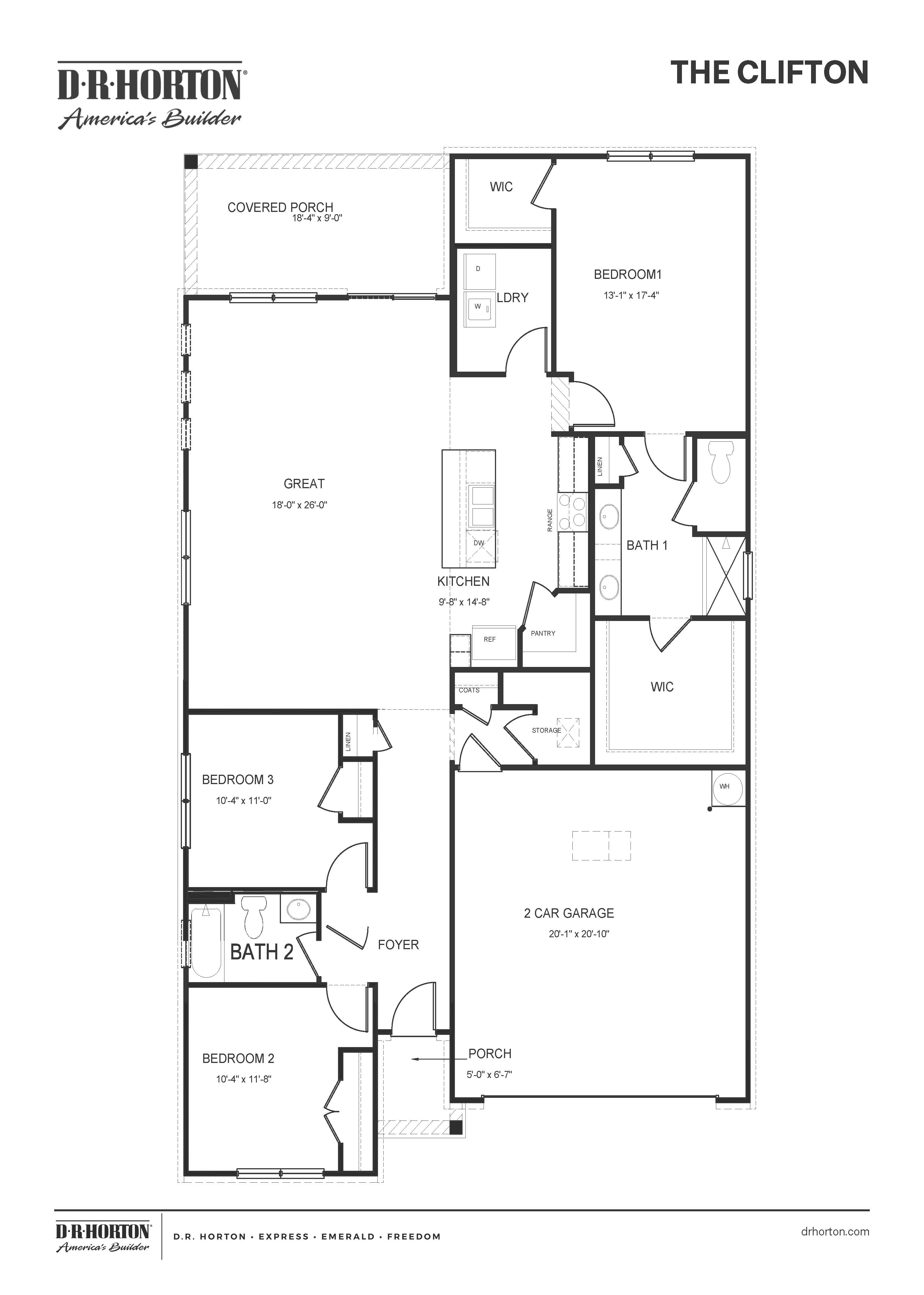 clifton floorplan, a single-story, 3 bed, 2 bath home in riverwood gardens