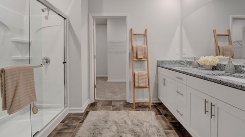riverwood gardens new home community in oakland tennessee ozark plan primary bathroom with walk in shower
