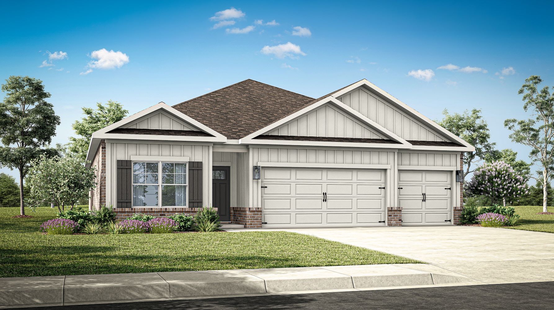 Exterior elevation of the Madison A2 floorplan, a single story home with a three car garage