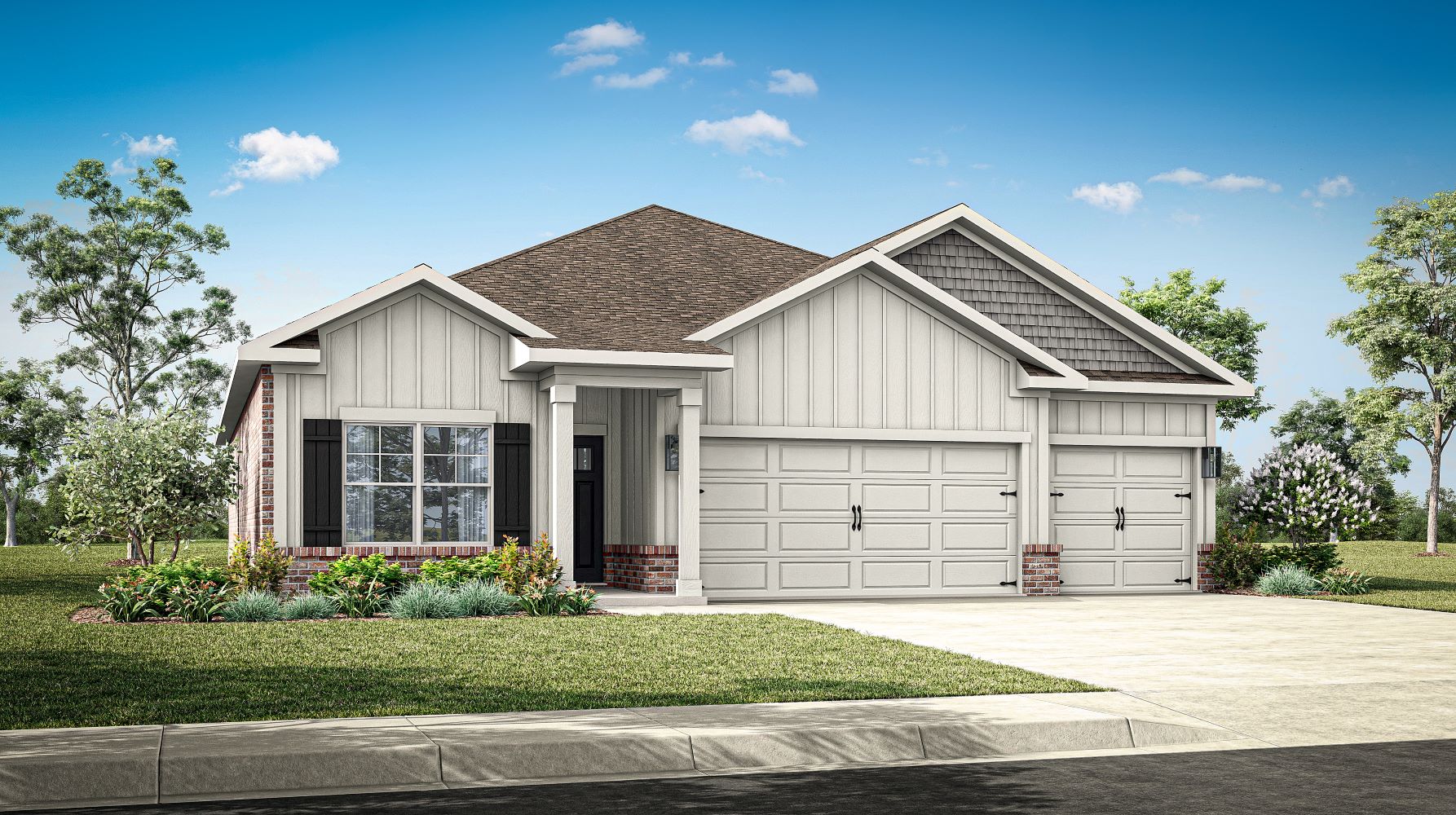 Exterior elevation of the Madison C2 floorplan, a single story home with a three car garage
