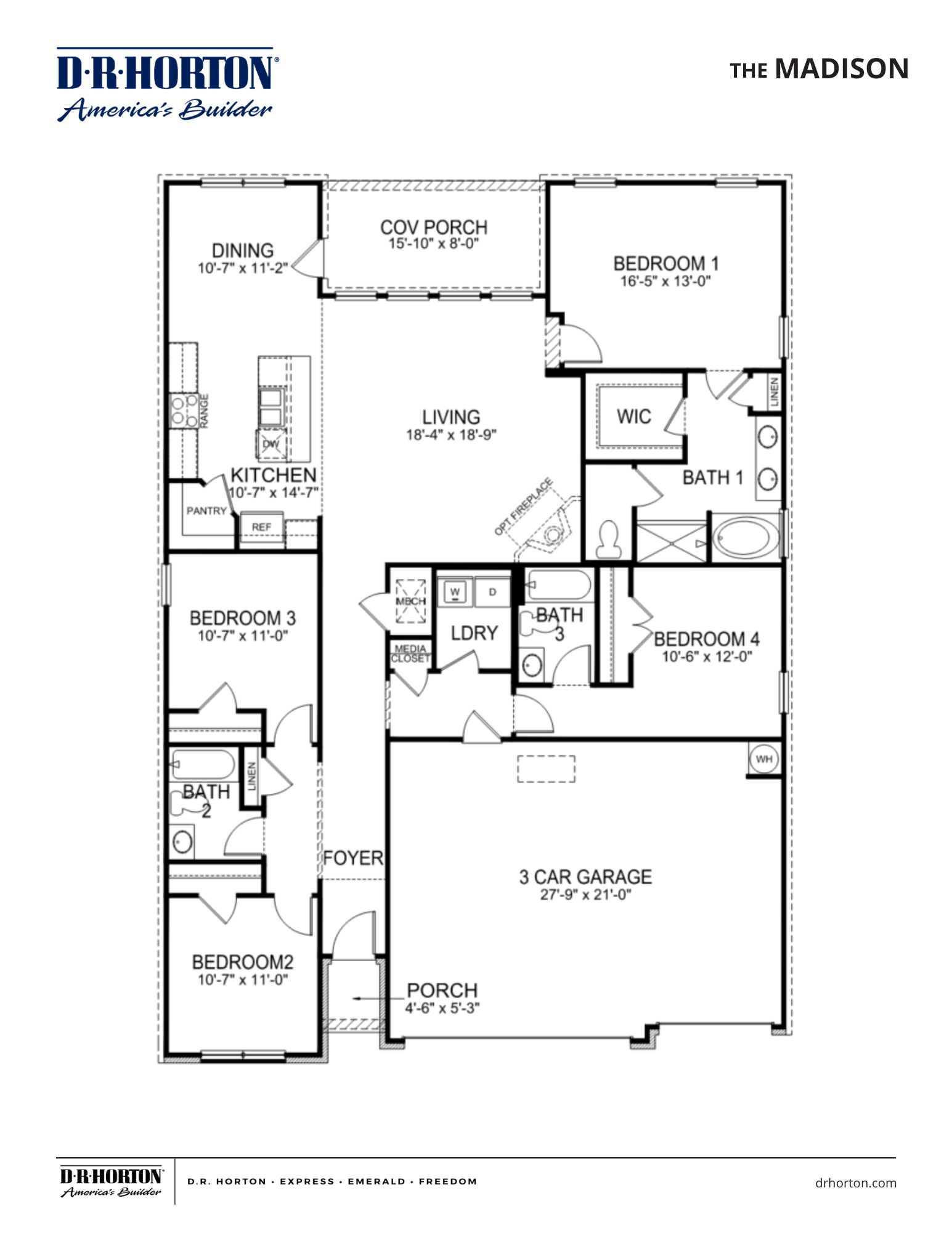 The madison floorplan in Riverwood Gardens, a 4 bedroom 3 bath home with a three car garage