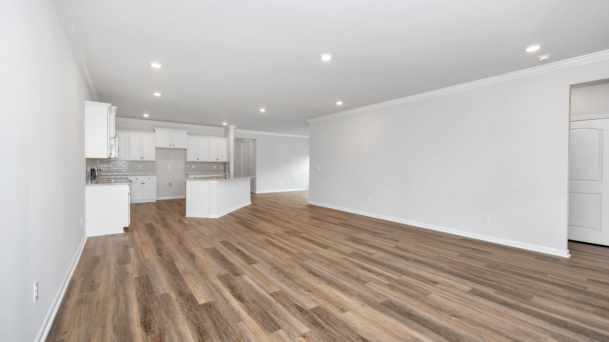 Open concept view of the living room overlooking the kitchen