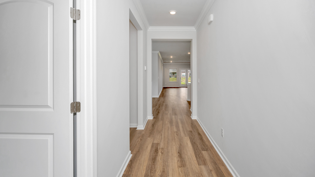 Front door entryway leading down the long entry hall
