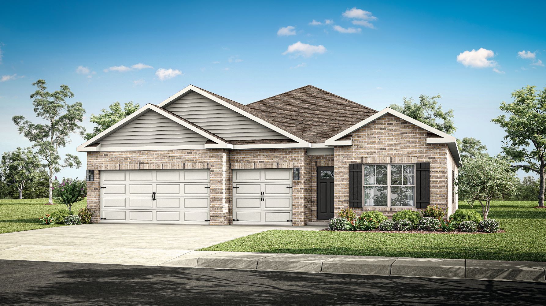 Exterior elevation of the Kathryn A elevation a single story home with a three car garage