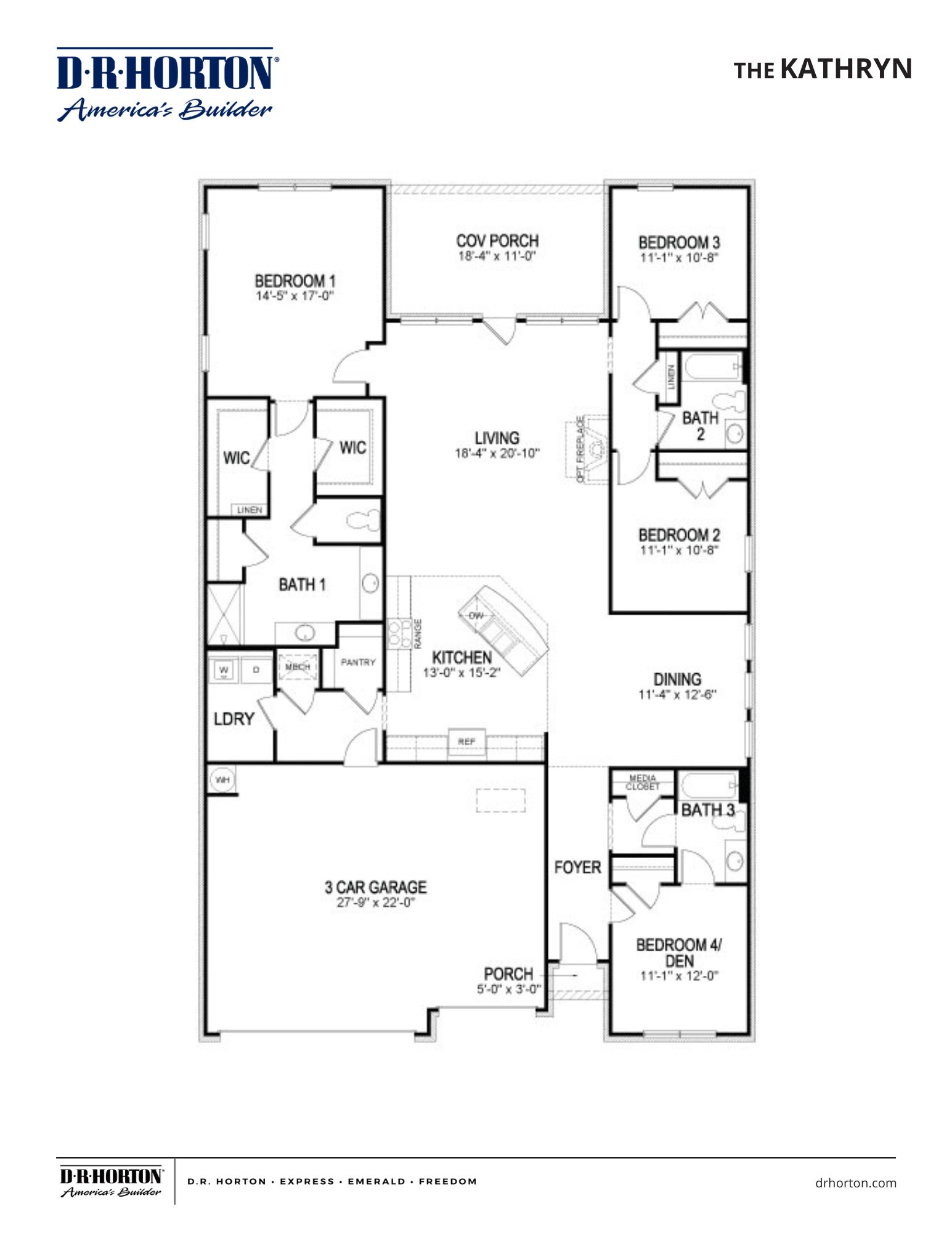 The kathryn floorplan in Riverwood Gardens, a single story home with a three car garage