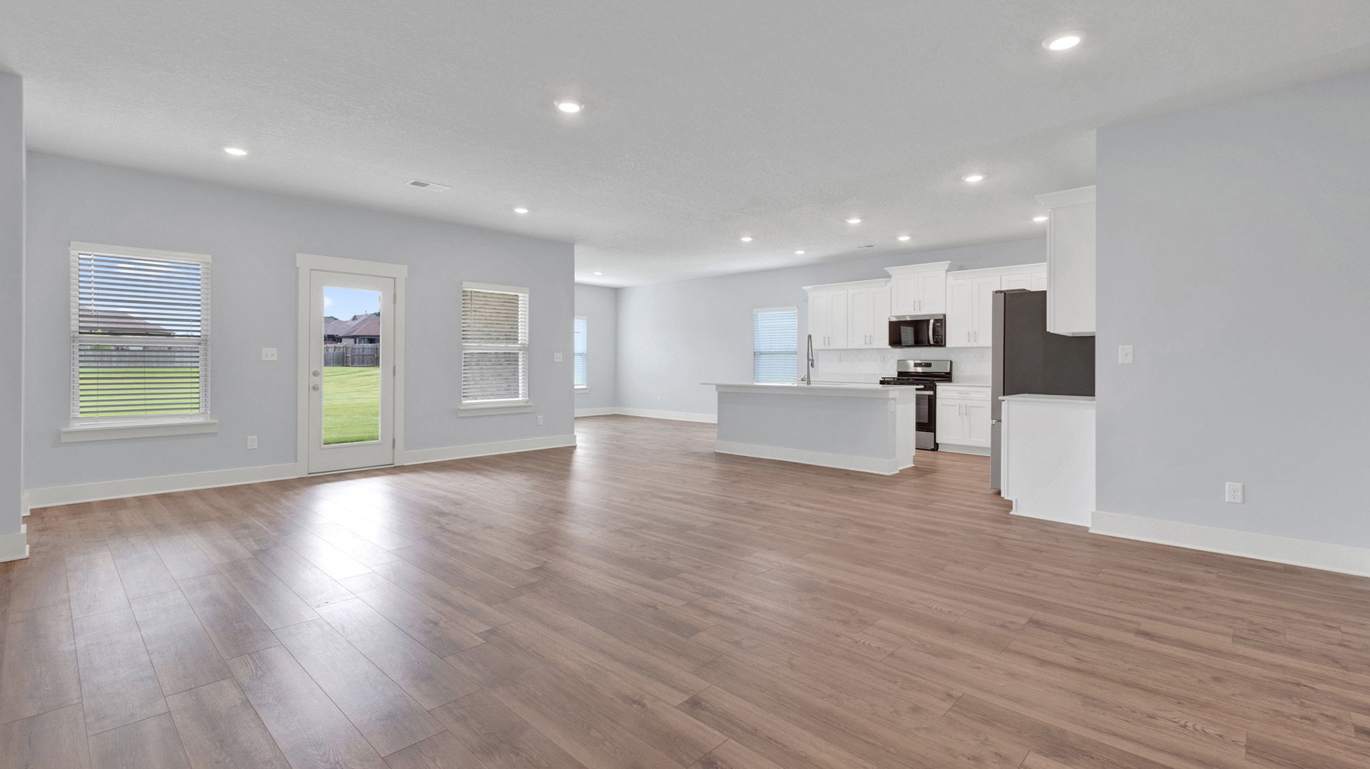 Open concept view of the living room open to the kitchen