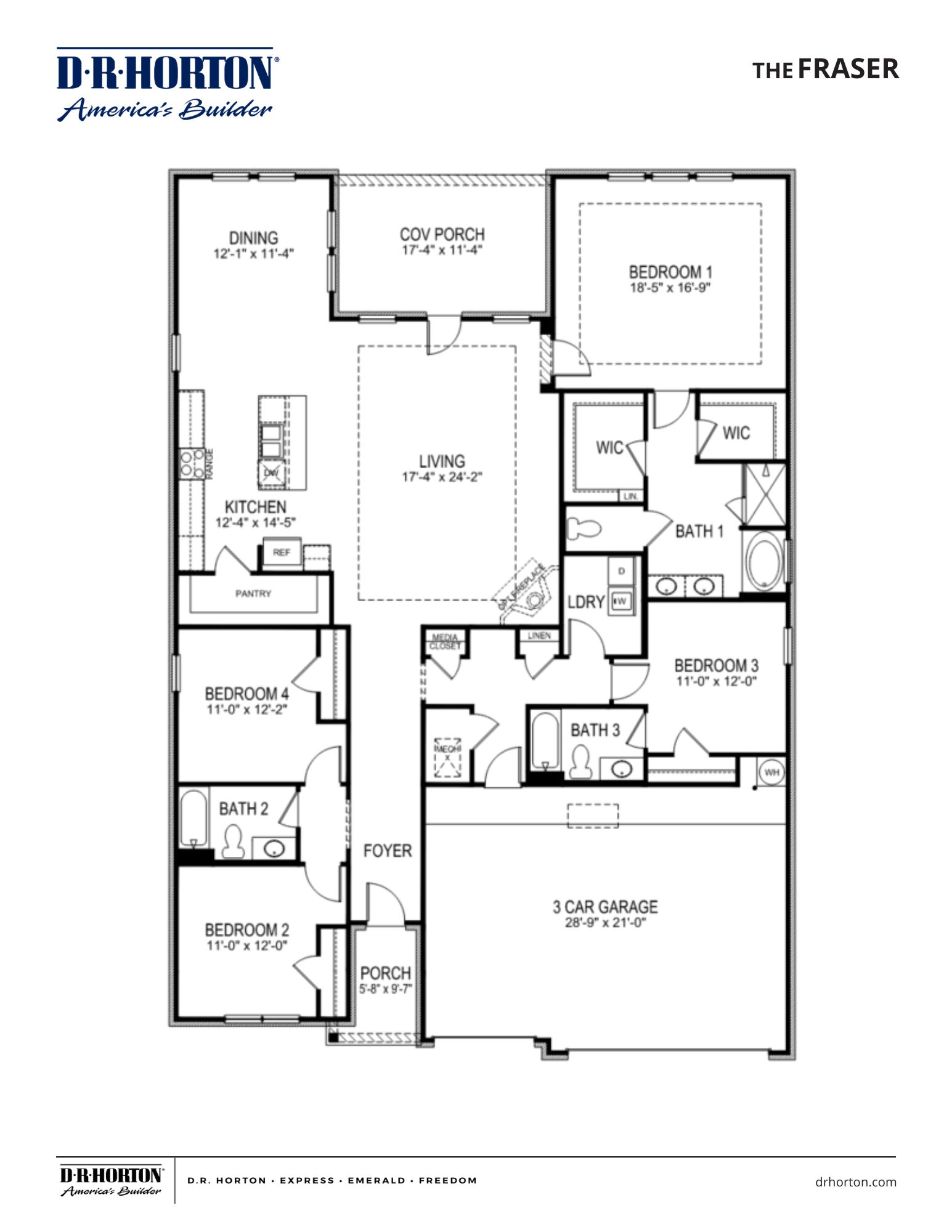 The fraser floorplan in RIverwood Gardens, a single story home with 4 bedrooms 3 baths and a 3 car garage
