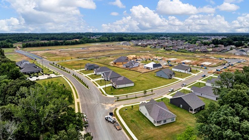 riverwood gardens new home community in oakland tennessee drone image of entire community