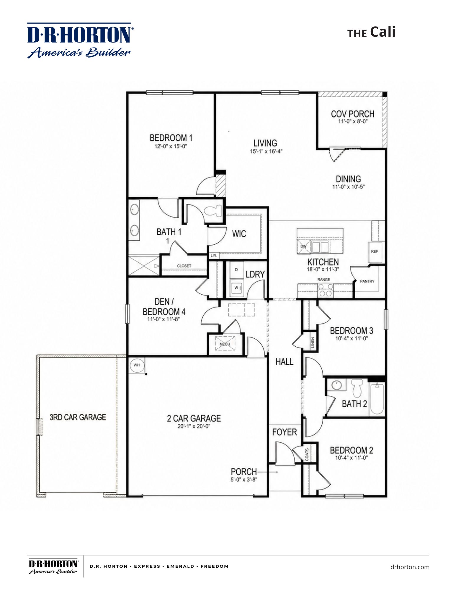 The Cali floorplan, a 4 bedroom, 2 bathroom 3 car garage home