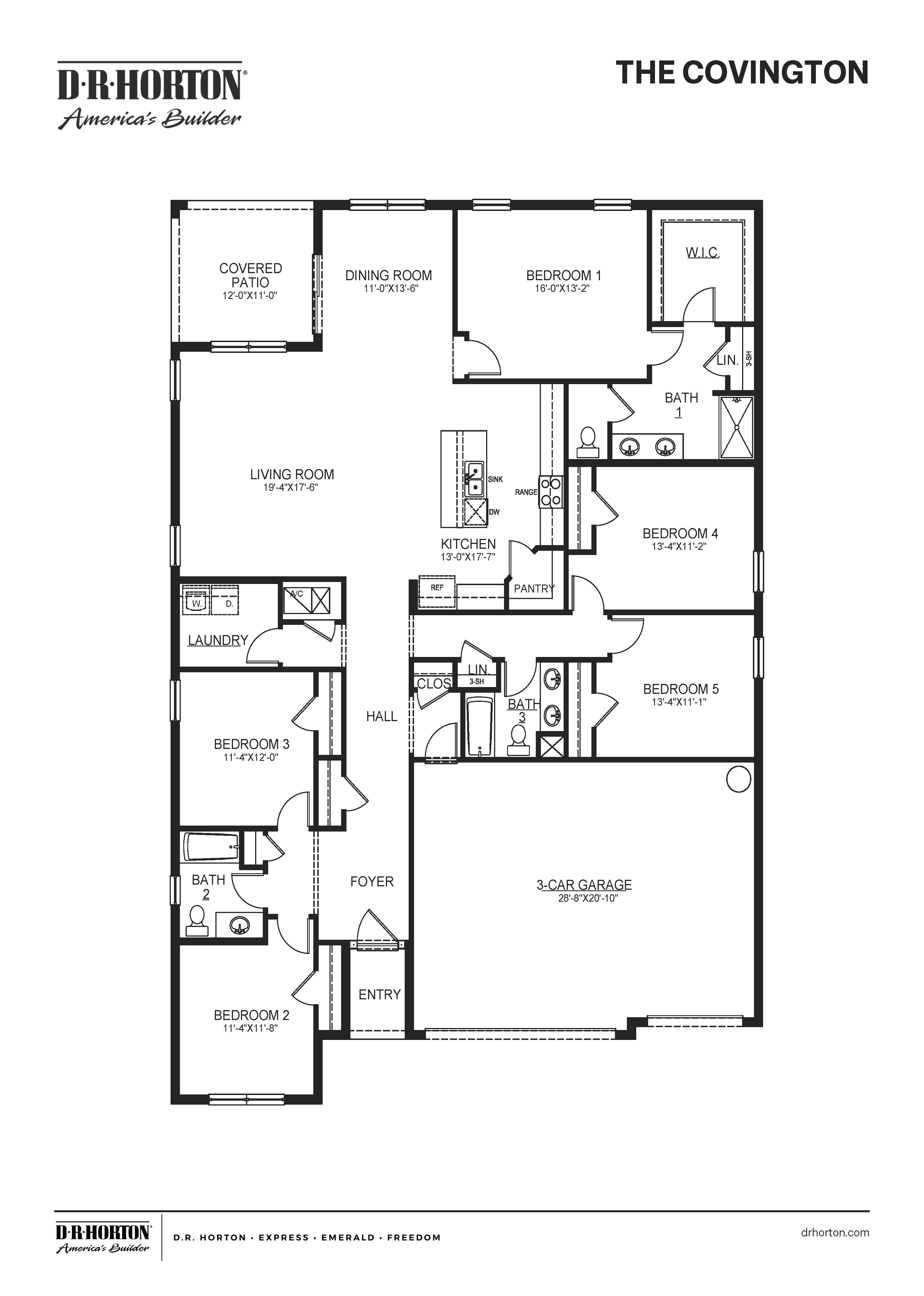 covington plan features single-story, open-concept living with 5 bedrooms and a 3 car garage