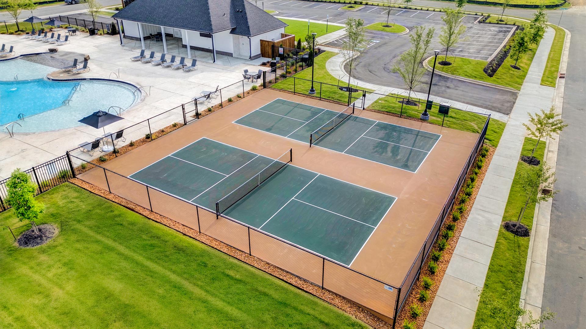 Drone view of our pickleball courts at villages at southbranch