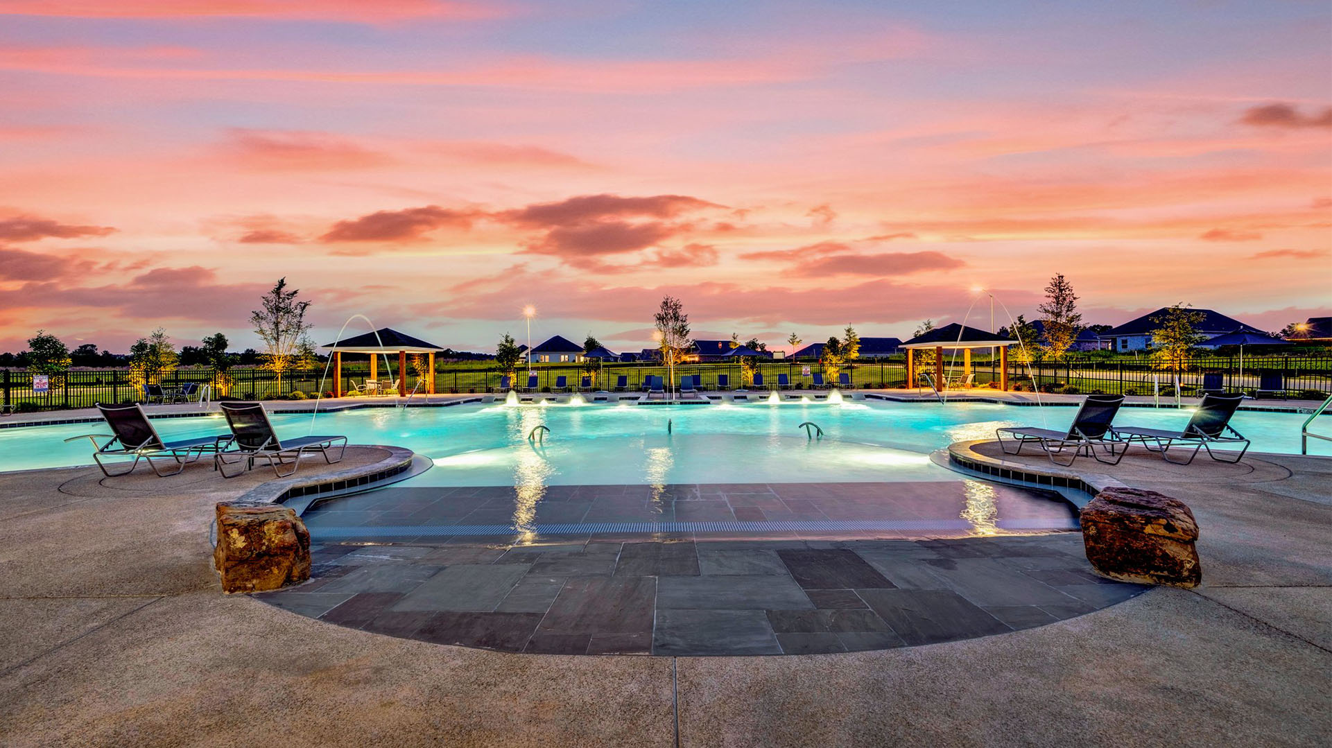 Beautiful twilight view of the community pool at Villages at SOuthbranch