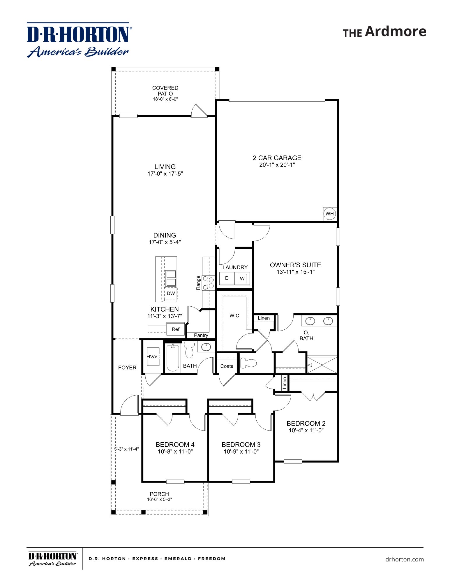 The Ardmore floorplan in Villages at Southbranch, a single story alley load home with 4 bedrooms and 2 full baths