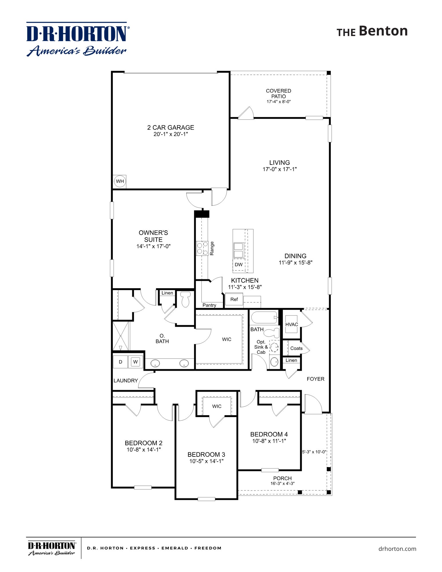 Benton floorplan in Villages at Southbranch, a single level home with 4 bedrooms, 2 bathrooms and an alley load 2 car garage