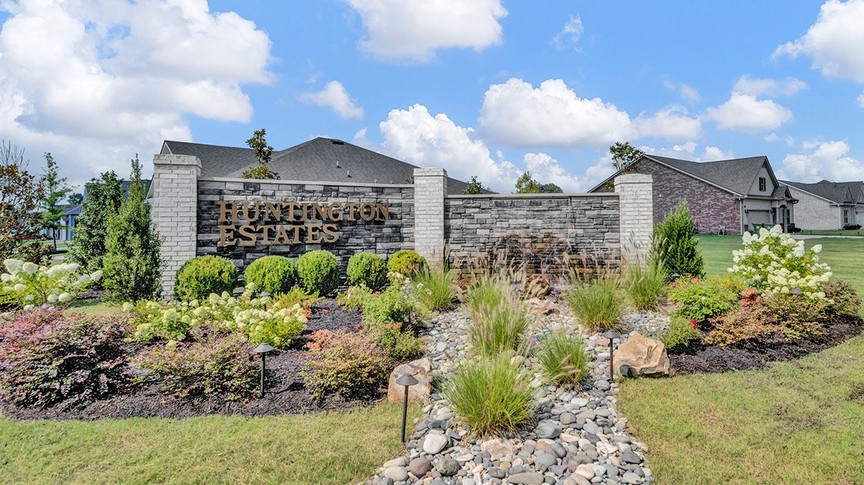 Entry monument waterfall at the Huntington Estates community