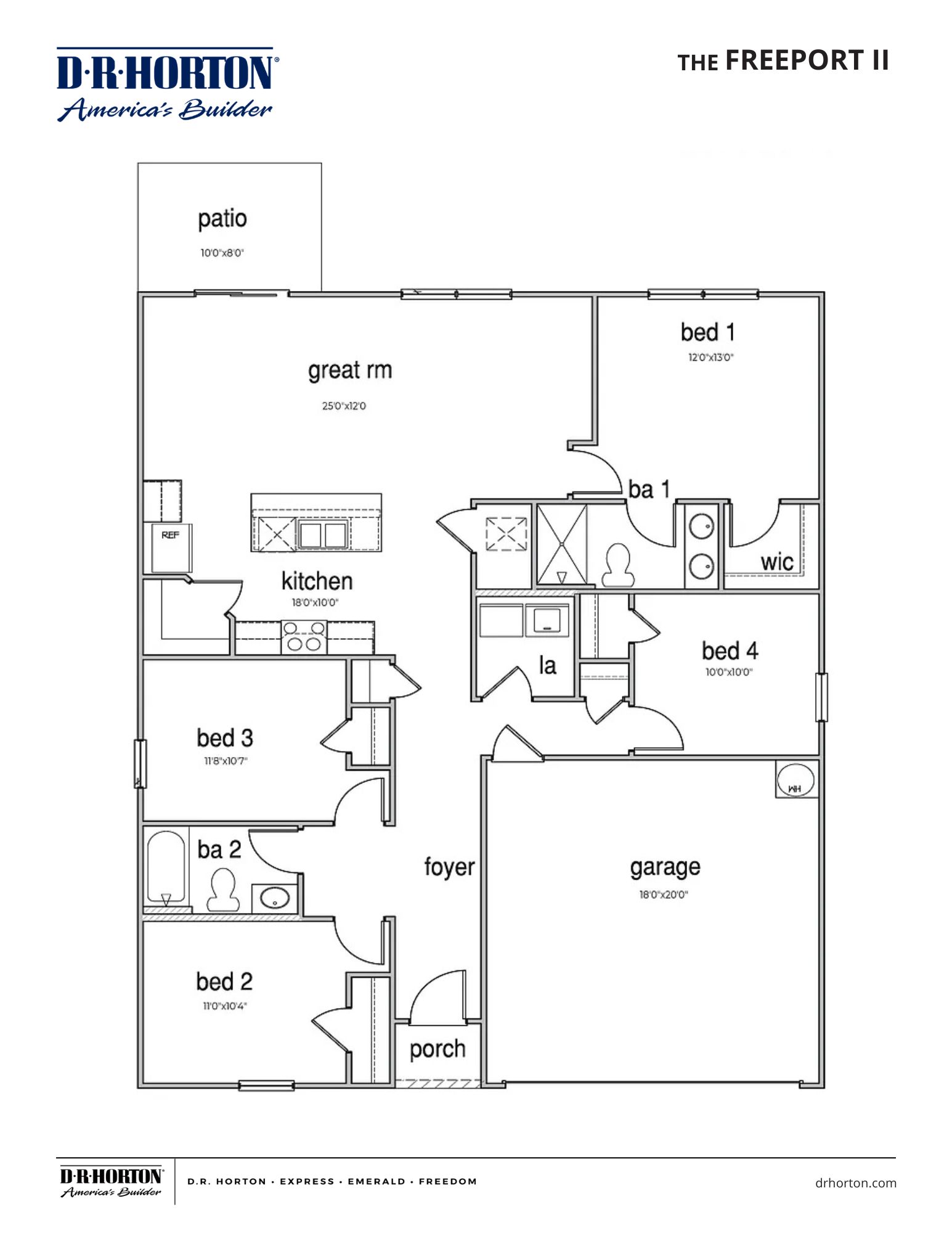 The freeport 2 floorplan, a single story home with a 2 car garage