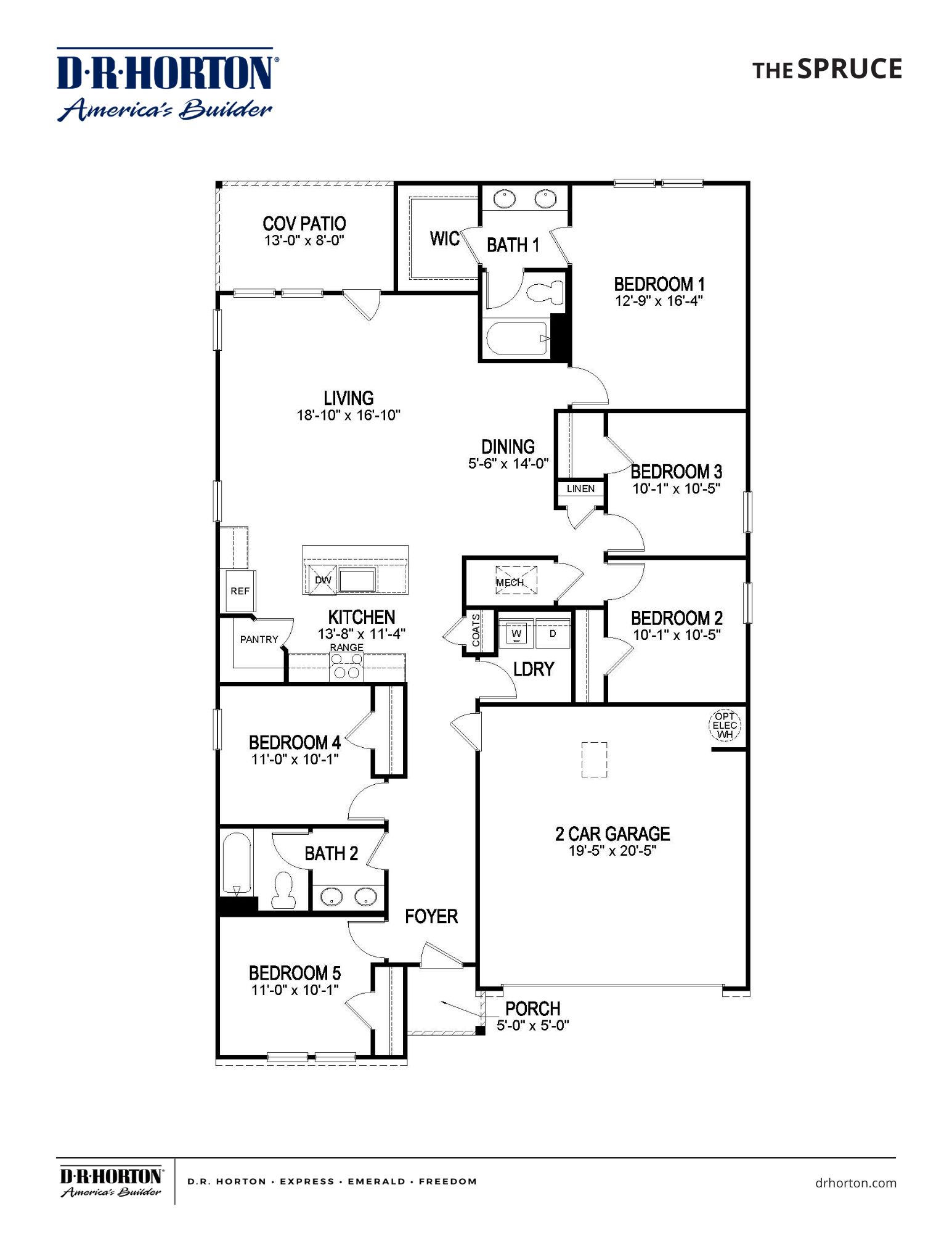 The spruce floorplan in Huntington Estates, a single story home with a two car garage