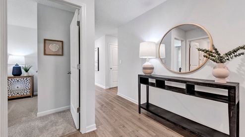 Front door entryway with neutral walls and vinyl flooring