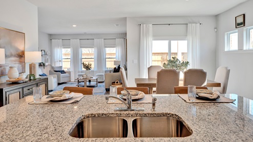Spacious kitchen island overlooking the dining area