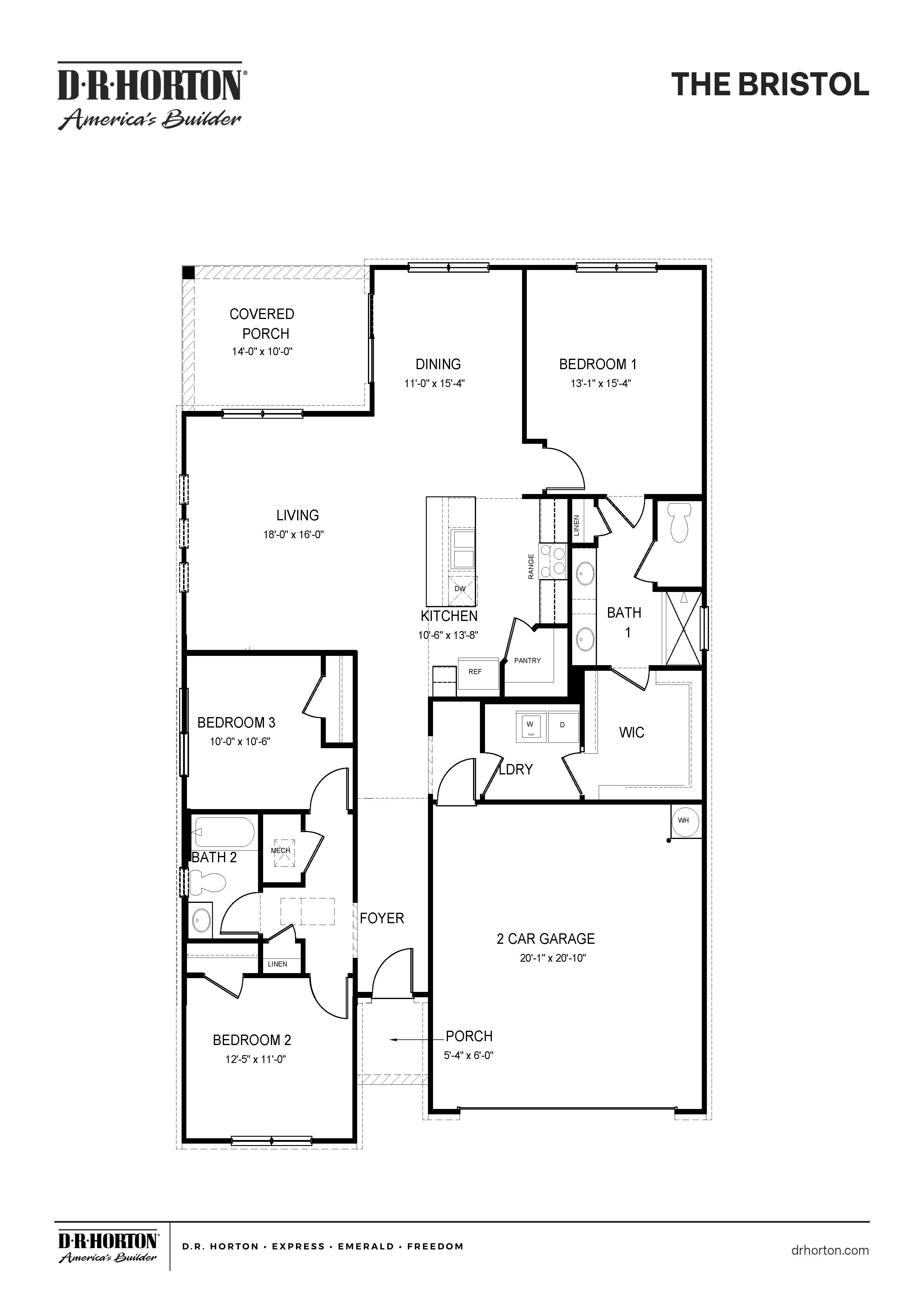 bristol floor plan in the orchard community with one-story living and 3 bedrooms, 2 bathrooms
