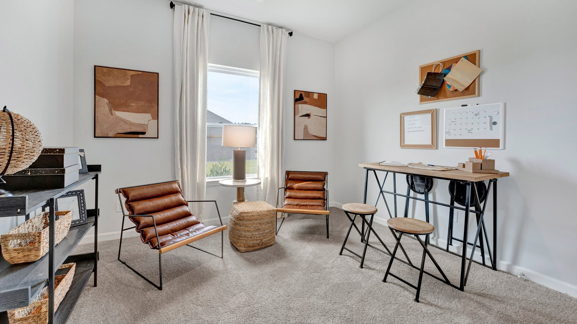 dover plan fourth bedroom staged as a bonus space with carpet flooring in the orchard community