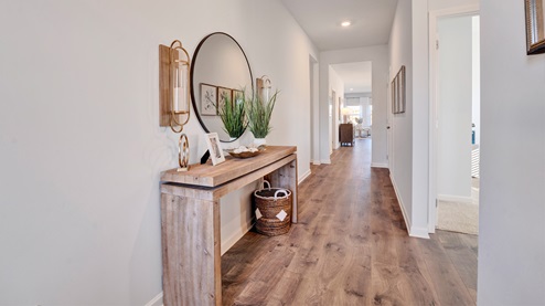 Front door entryway leading down the long entry hall