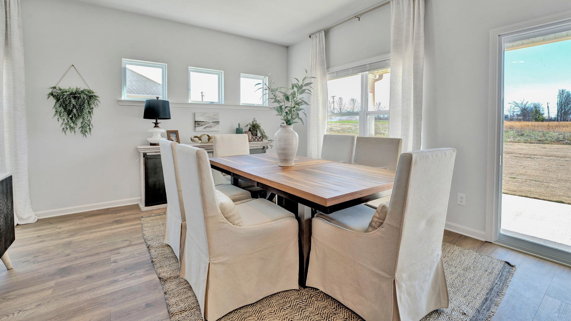 Dining room with picture accent windows