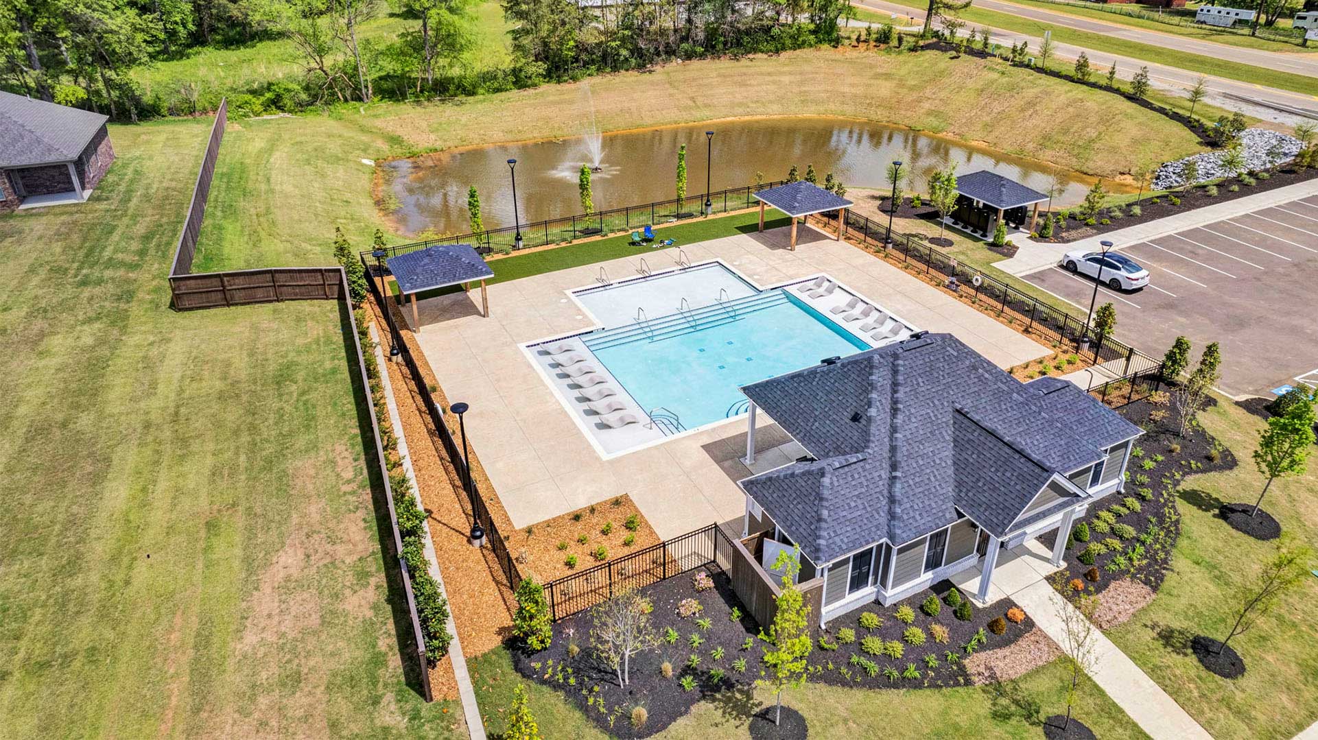 Drone view of the community pool for residents only at Indian Oaks