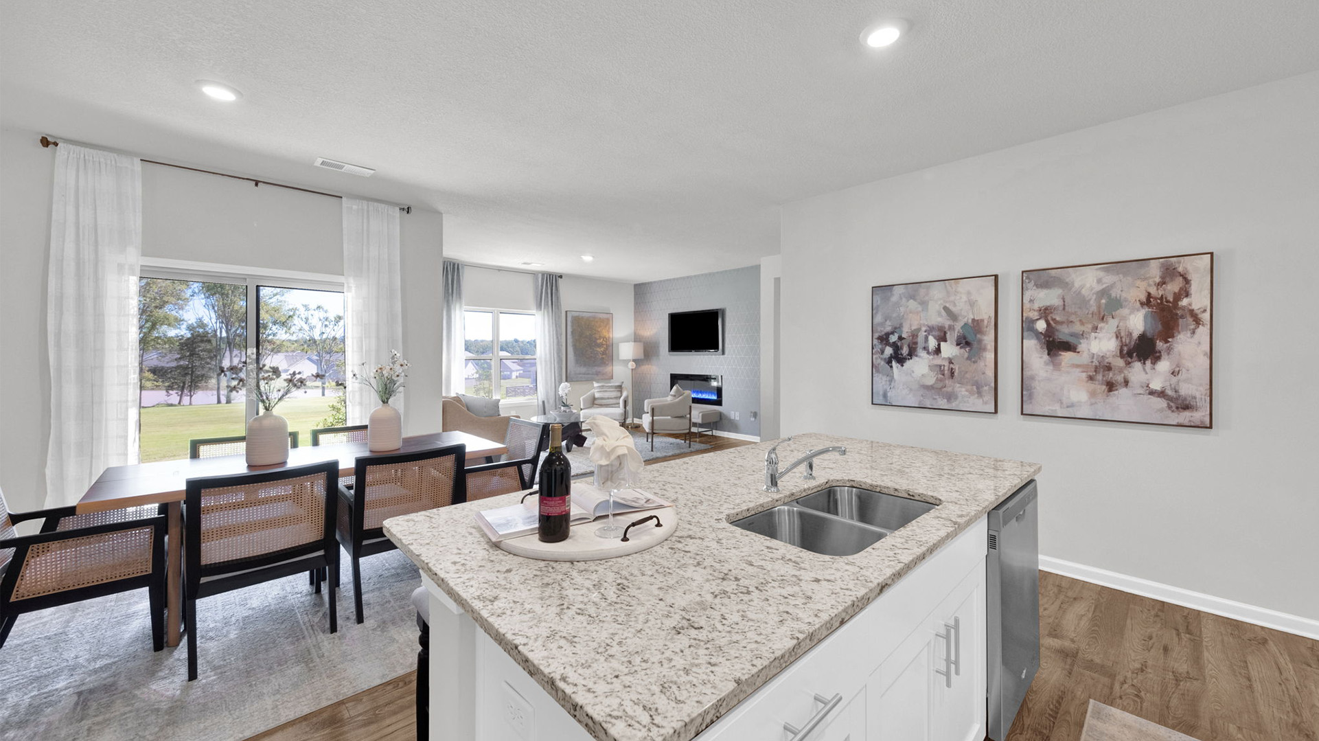 Spacious kitchen island overlooking the dining and living room