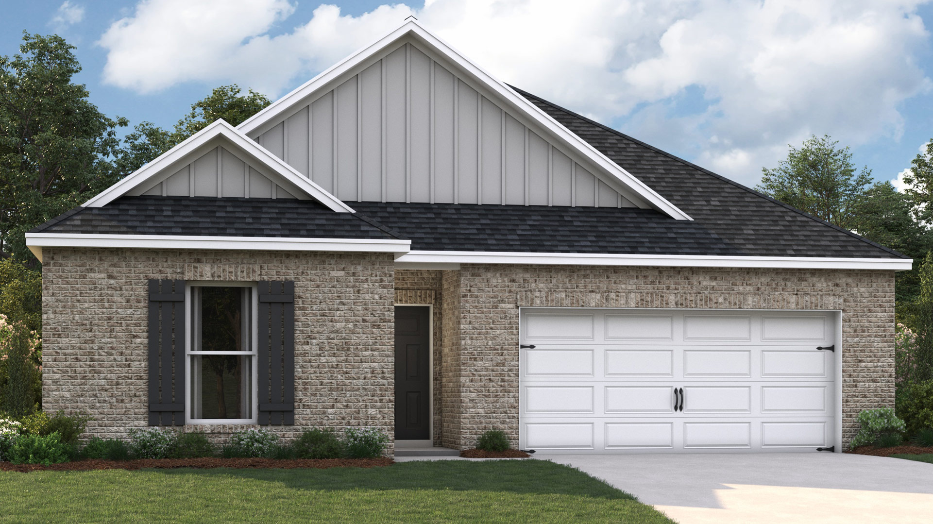 Exterior elevation of the Kenner A2 floorplan a single story home with a two car garage