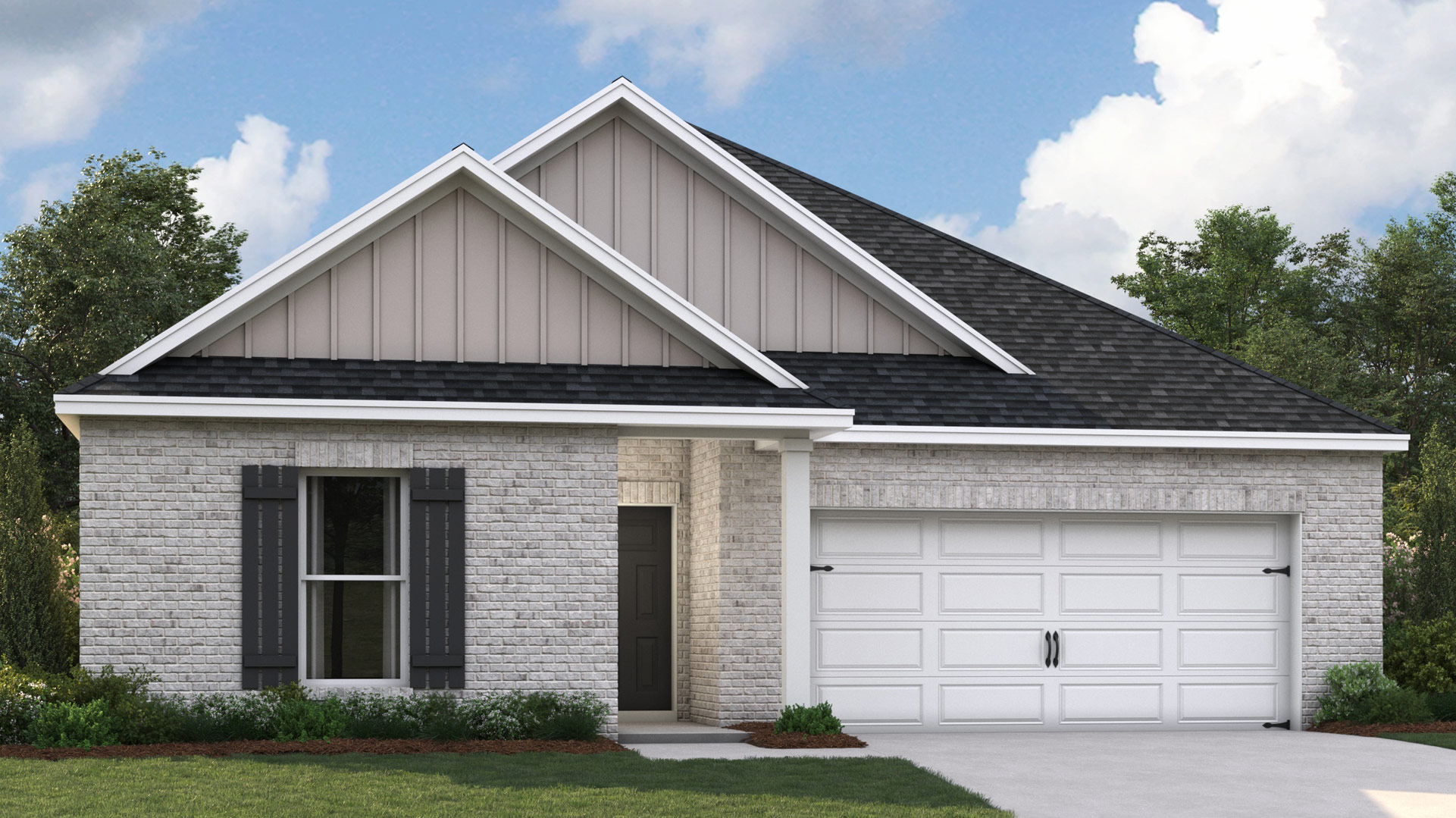 Exterior elevation of the Kenner B2 floorplan a single story home with a two car garage