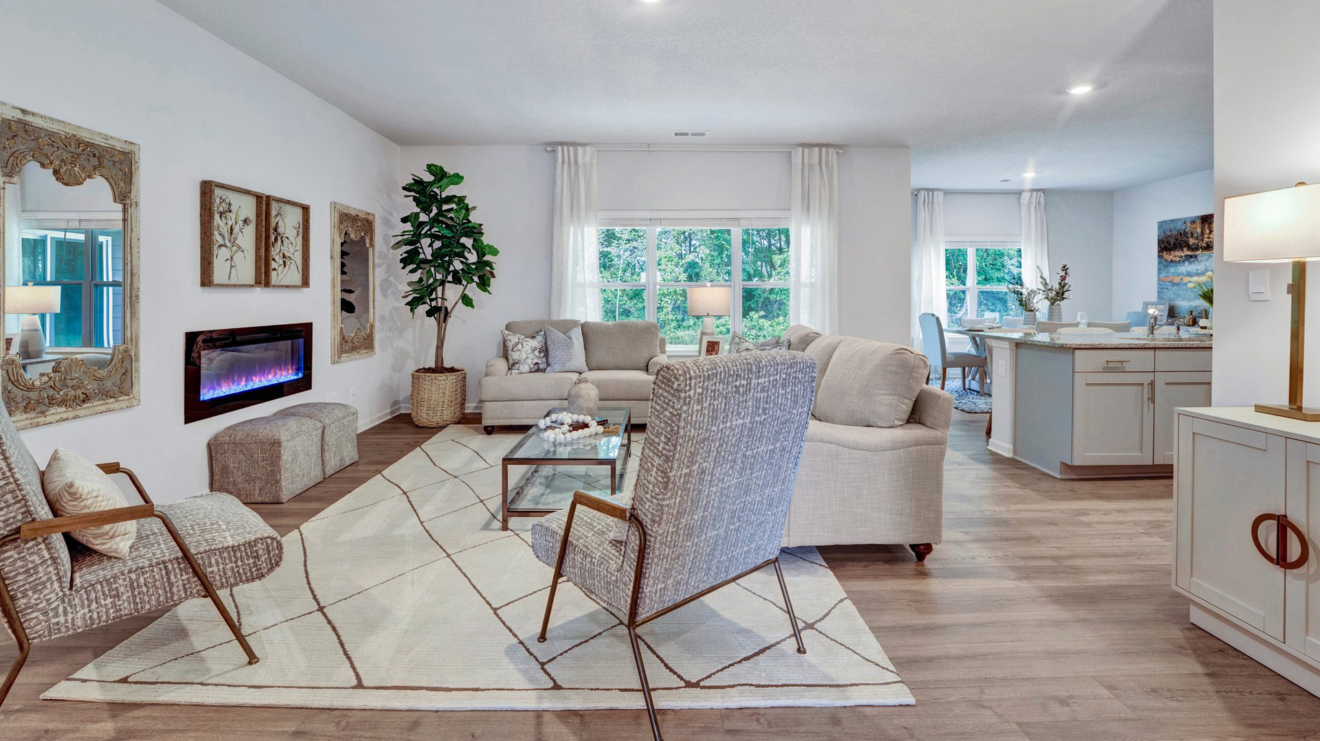 Living room opens up at the end of entry hall