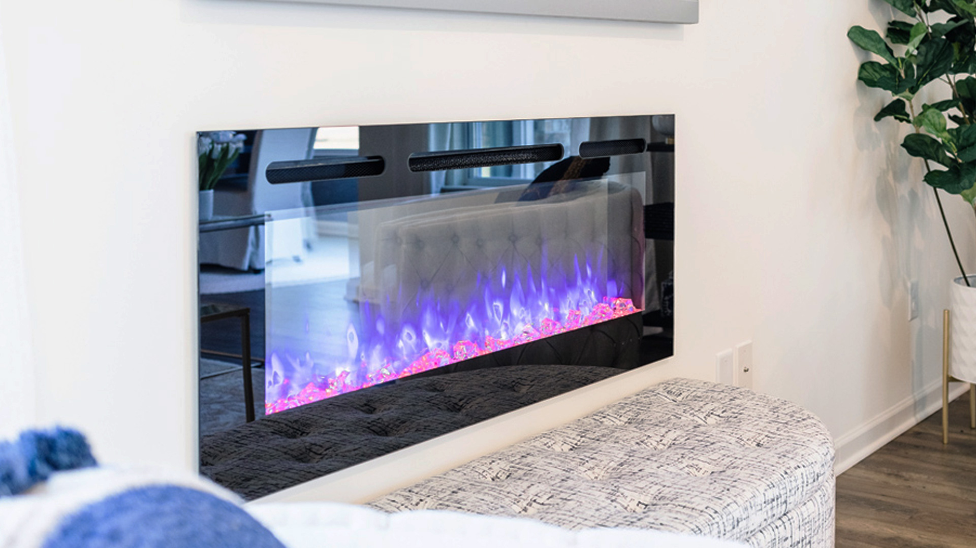 Close up of gas fireplace in the living area.