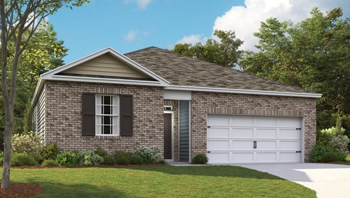 Exterior elevation of the Kerry E floorplan, a single story home with a two car garage
