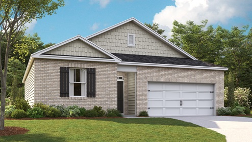 Exterior elevation of the Kerry F floorplan, a single sotry home with a two car garage