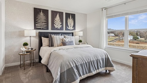 Primary bedroom with a large double window overlooking the backyard