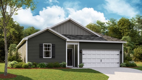 Exterior elevation of the freeport floorplan, a single story home with a two car garage
