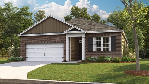 Exterior elevation of the Aria E, a single story home with a two car garage