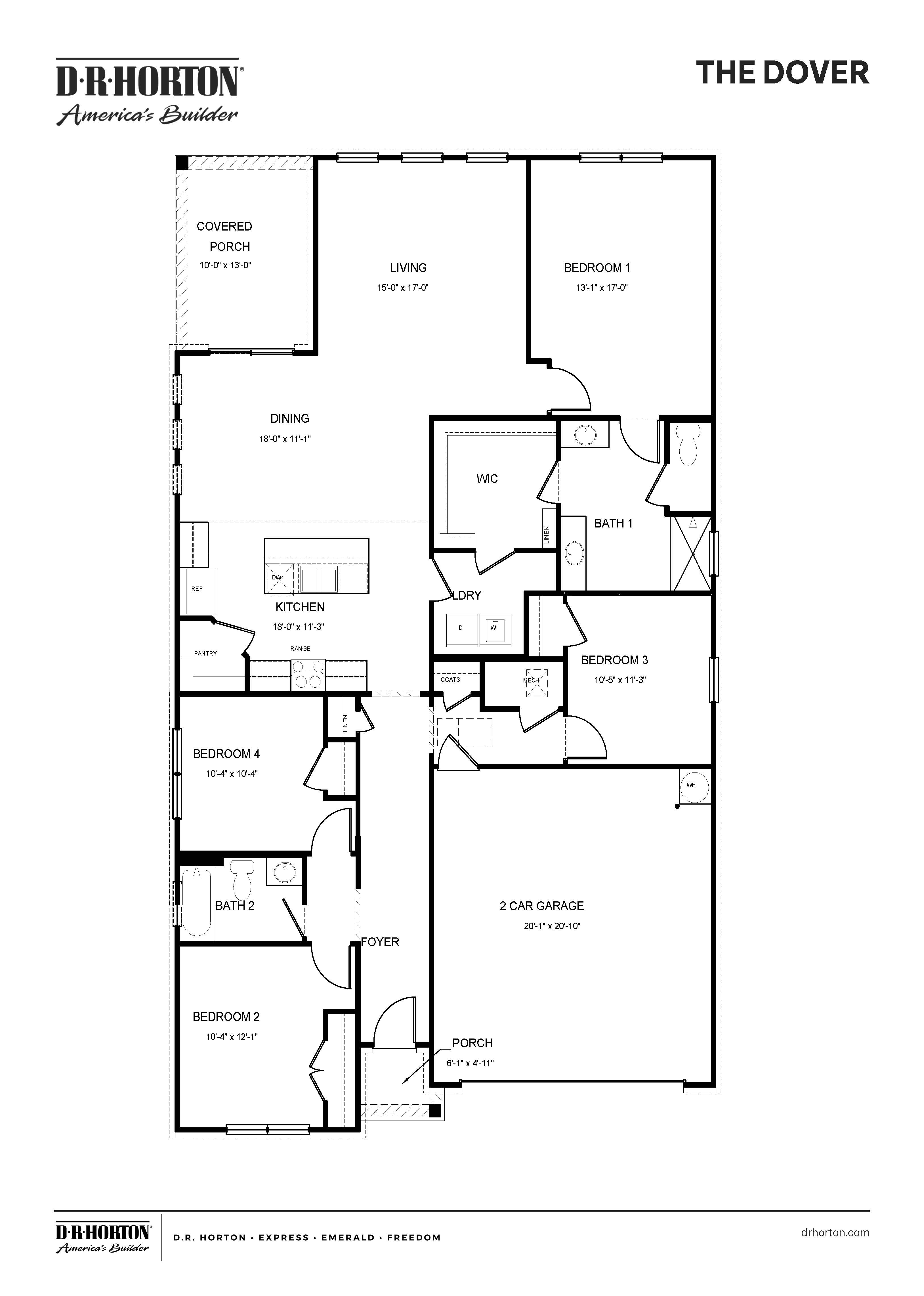 dover plan in hidden creek community offers single story living, 4 beds, 2 baths and a covered patio