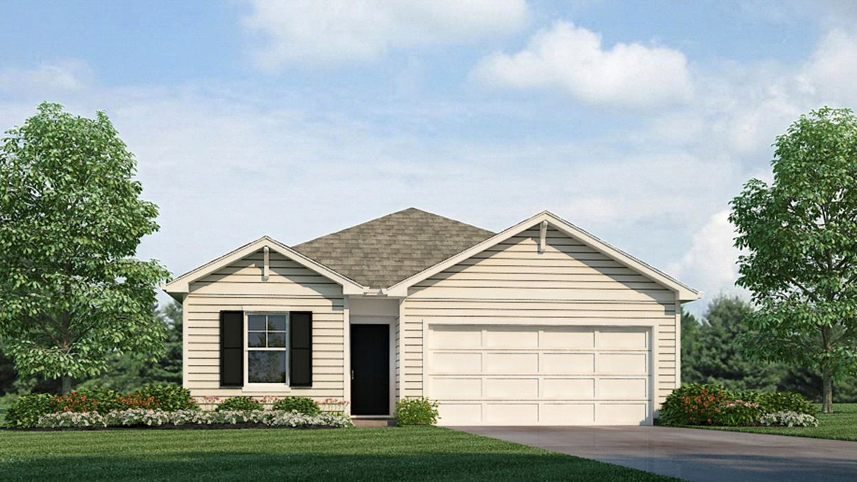 Exterior elevation of the roland floorplan, a single story home with a two car garage