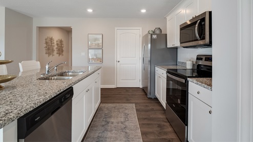 Kitchen area with vinyl flooring and a spacious walk in pantry